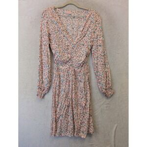 C+D+M Collection Women L Peach Blue Floral Long Sleeve V-Neck Ruched Midi Dress